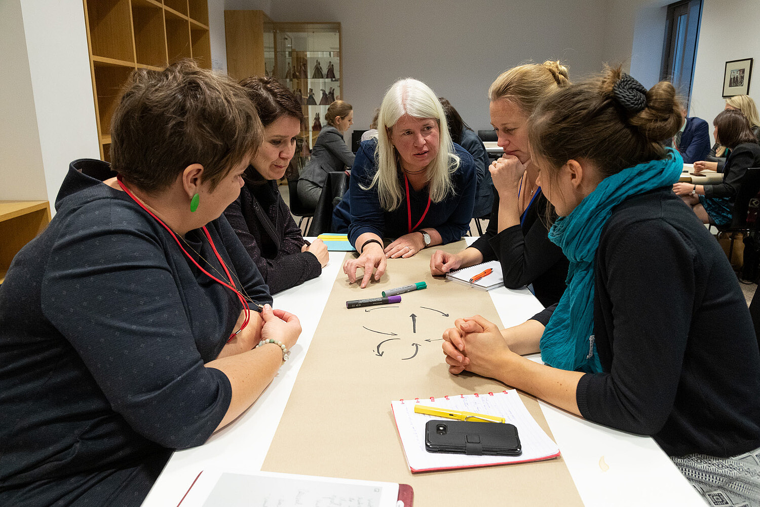 © Image: Berta Jänes Someone leaning over a table is explaining something to a group of people sitting around it. © Image: Berta Jänes