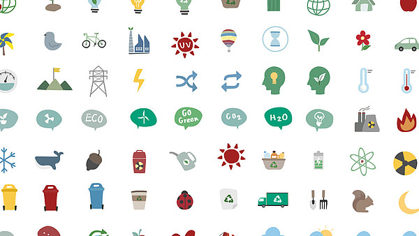 A number of various different icons, symbolising topics related to the environment and sustainability.