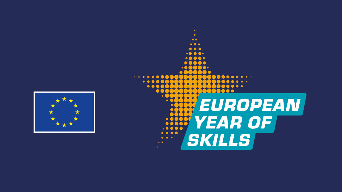  This is the logo of the European Year of Skills. The graphic includes the European flag and an icon of a star which is made our of yellow dots.
