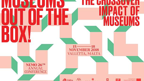  This graphic in pink, red and green announces Nemo's Annual Conference 2018.
