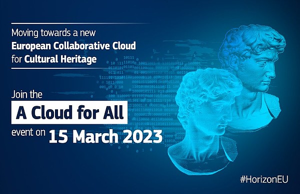 This graphic announces event "A Cloud for All" in March 2023 in white writing against a blue background. On the right of the image are two transparent images of antique busts. Behind are rows of numbers.