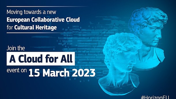  This graphic announces event "A Cloud for All" in March 2023 in white writing against a blue background. On the right of the image are two transparent images of antique busts. Behind are rows of numbers.