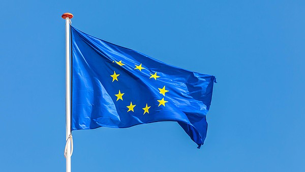 The European flag waving in front of a clear blue sky.