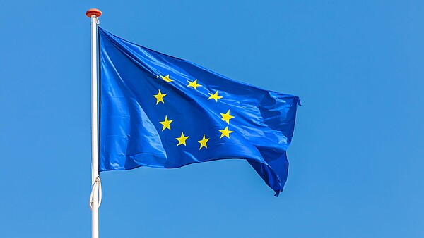 The European flag waving in front of a clear blue sky.