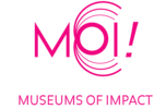 Logo of MOI in pink and white.  