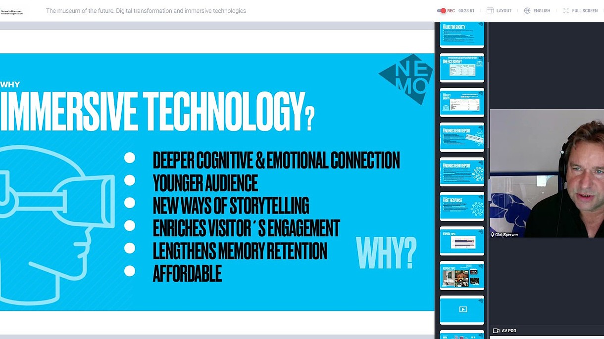 Screenshot of an online presentation. On the left side are the presentation slides on immersive technology. On the right side is a video of the speaker.