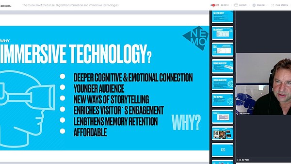 Screenshot of an online presentation. On the left side are the presentation slides on immersive technology. On the right side is a video of the speaker.
