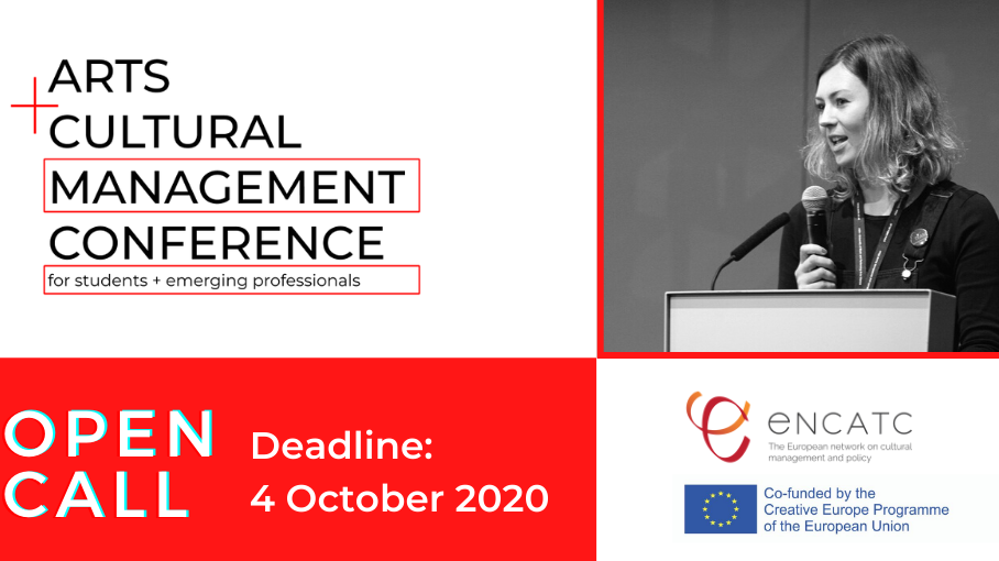  Picture announcing the open call for the arts and cultural management conference. The graphic is in red and white. In the top right corner there is a black and white photo of a person holding a microphone.