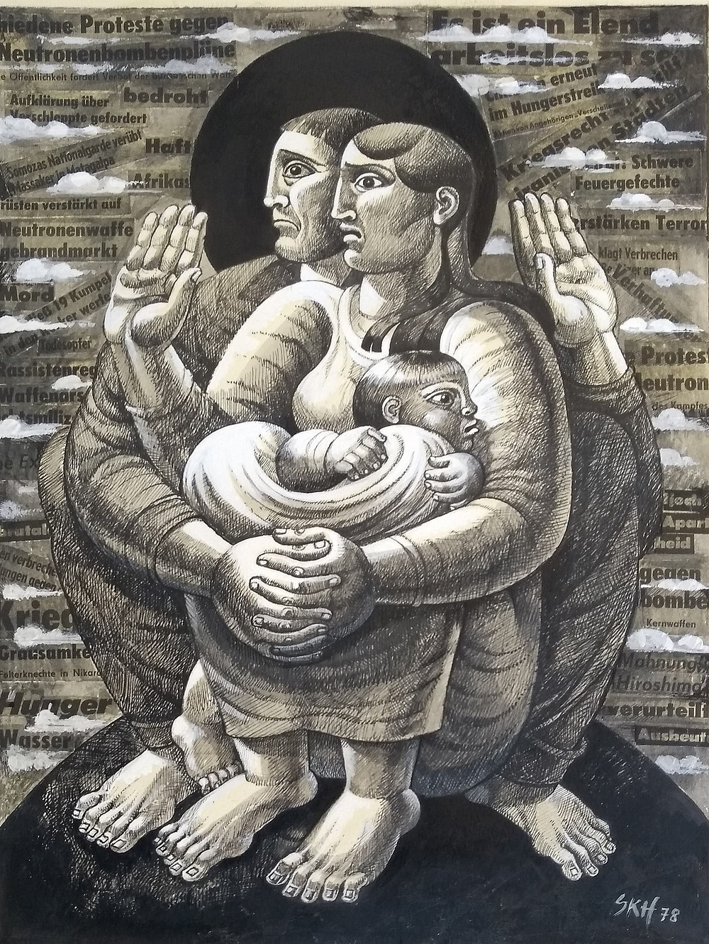 Lithograph of two adults and a baby with anxious expressions. They are holding their hands in shielding manner.   