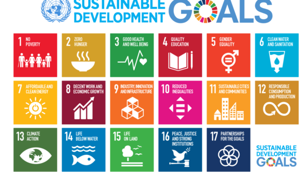 Diagram illustrating 17 sustainable development goals. Each keyword is represented by a simple illustration in a colourful square.