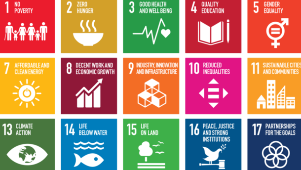  Diagram illustrating 17 sustainable development goals. Each keyword is represented by a simple illustration in a colourful square.