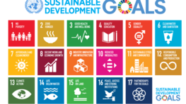 Diagram illustrating 17 sustainable development goals. Each keyword is represented by a simple illustration in a colourful square.