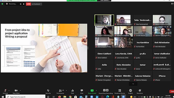Screenshot of an online presentation. On the left side are the presentation slides on project application processes. On the right side are videos of the speaker and participants.