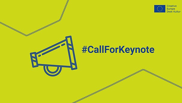  In the centre of the graphic is written #CallForKeynote in blue writing against a green background. Left of the lettering is an icon symbolising a megaphone.